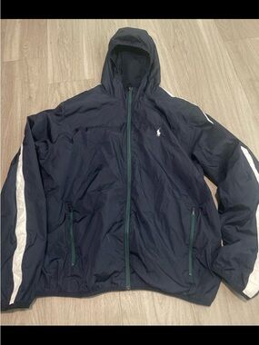 Ralph Lauren Navy Hooded Windbreaker with White Sleeve Stripes